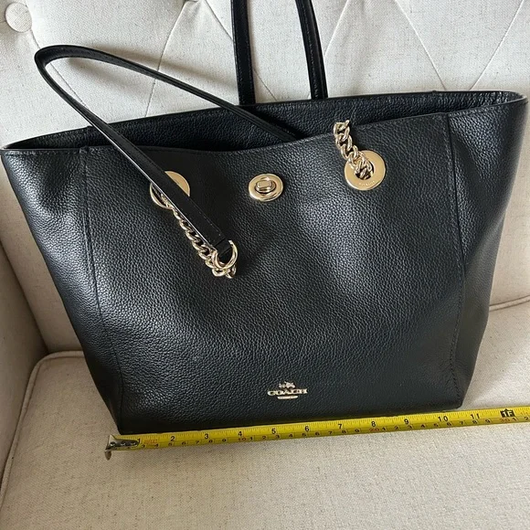 Coach Black Pebbled Leather Tote with Chain Straps - Picture 4 of 12